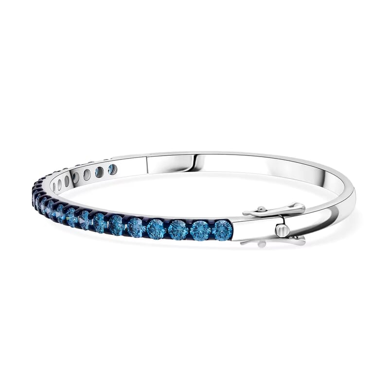 Luxuriant Lab Grown Blue Diamond (IR) (SI) 5.00 ctw Bangle Bracelet in Rhodium Over Sterling Silver (7.25 In)