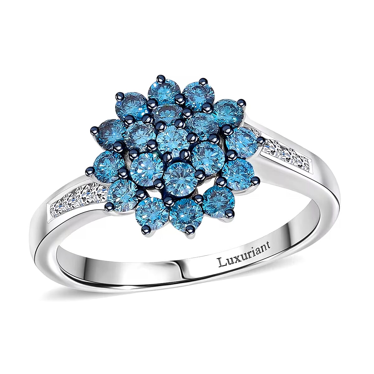 Luxuriant Lab Grown Blue Diamond (IR) and Lab Grown White Diamond SI 1.00 ctw Floral Ring in Rhodium Over Sterling Silver (Size 10.0) image number 0