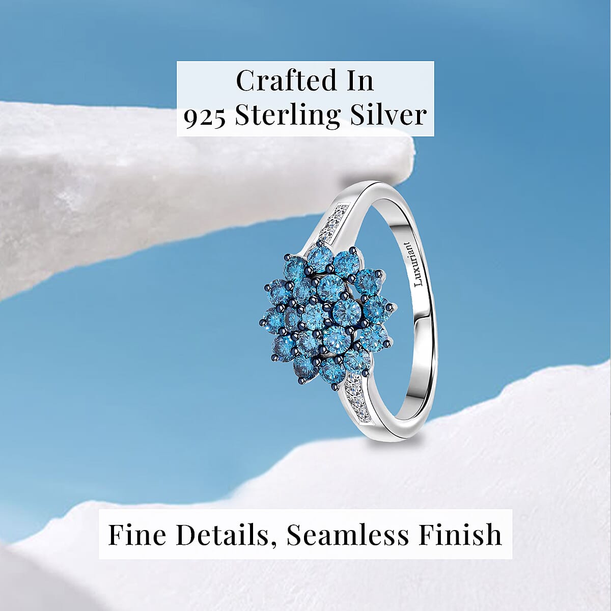 Luxuriant Lab Grown Blue Diamond (IR) and Lab Grown White Diamond SI 1.00 ctw Floral Ring in Rhodium Over Sterling Silver (Size 10.0) image number 2