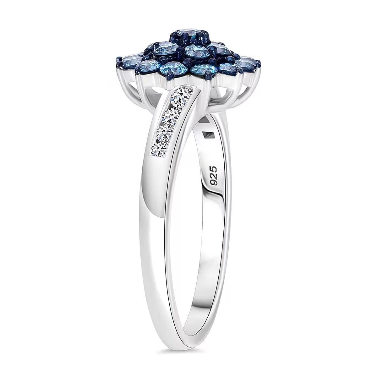 Luxuriant Lab Grown Blue Diamond (IR) and Lab Grown White Diamond SI 1.00 ctw Floral Ring in Rhodium Over Sterling Silver (Size 10.0) image number 8