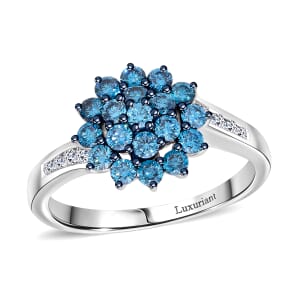 Luxuriant Lab Grown Blue and White Diamond SI 1.00 ctw Floral Ring in Rhodium Over Sterling Silver (Size 6.0)