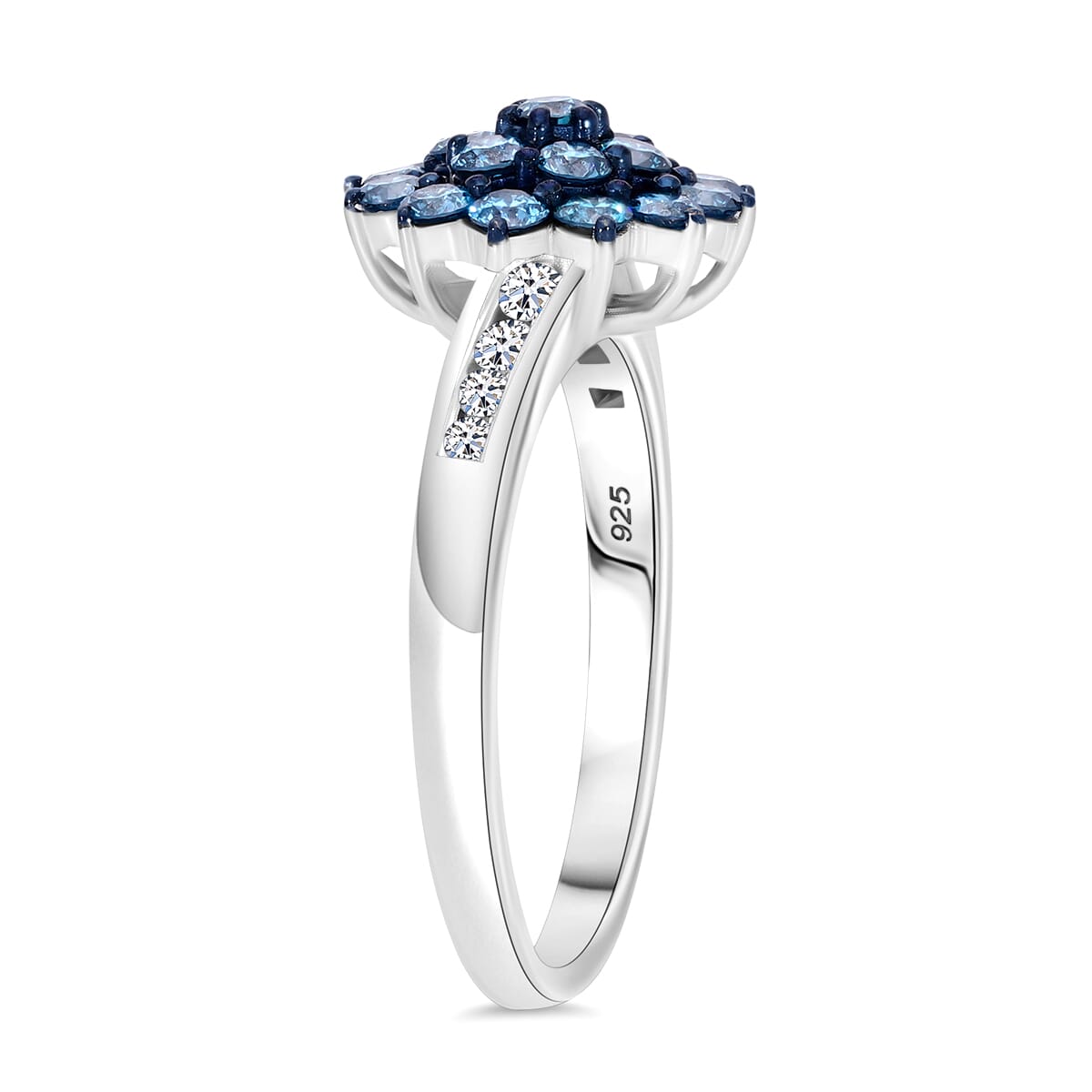 Luxuriant Lab Grown Blue and White Diamond SI 1.00 ctw Floral Ring in Rhodium Over Sterling Silver (Size 6.0) image number 2
