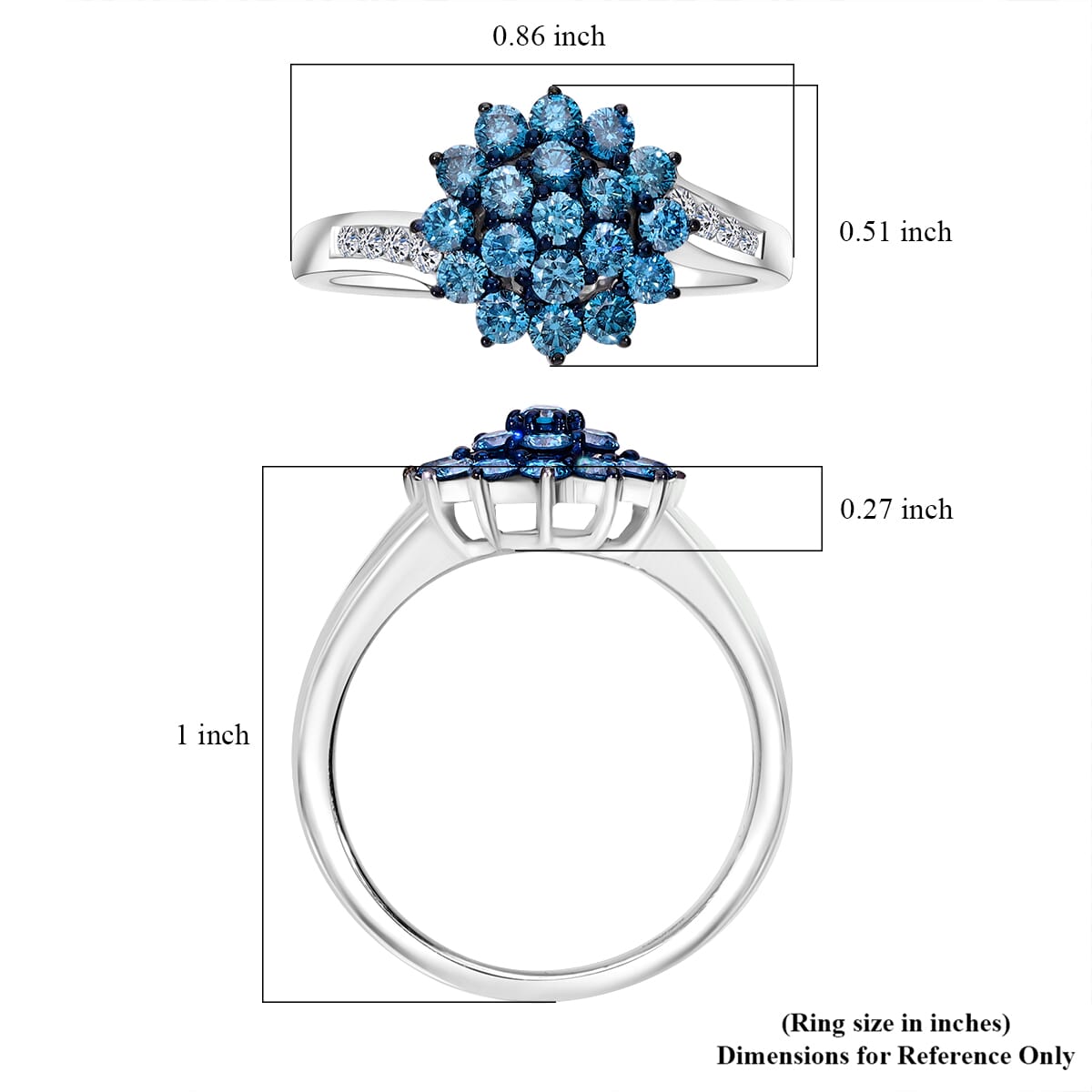 Luxuriant Lab Grown Blue and White Diamond SI 1.00 ctw Floral Ring in Rhodium Over Sterling Silver (Size 6.0) image number 4