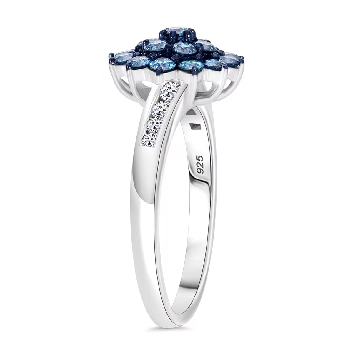 Luxuriant Lab Grown Blue and White Diamond SI 1.00 ctw Floral Ring in Rhodium Over Sterling Silver (Size 6.0) image number 8