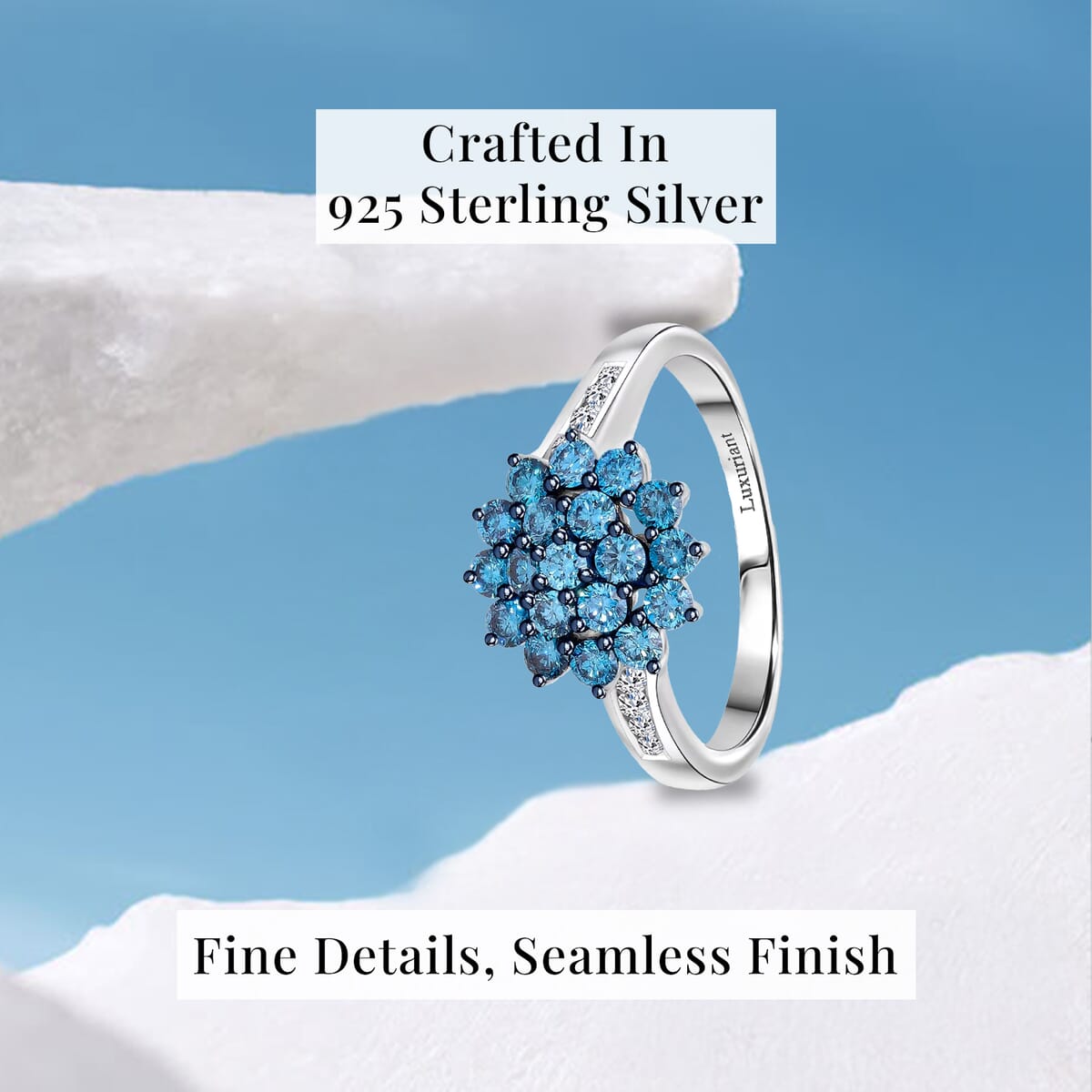 Luxuriant Lab Grown Blue and White Diamond SI 1.00 ctw Floral Ring in Rhodium Over Sterling Silver (Size 7.0) image number 2