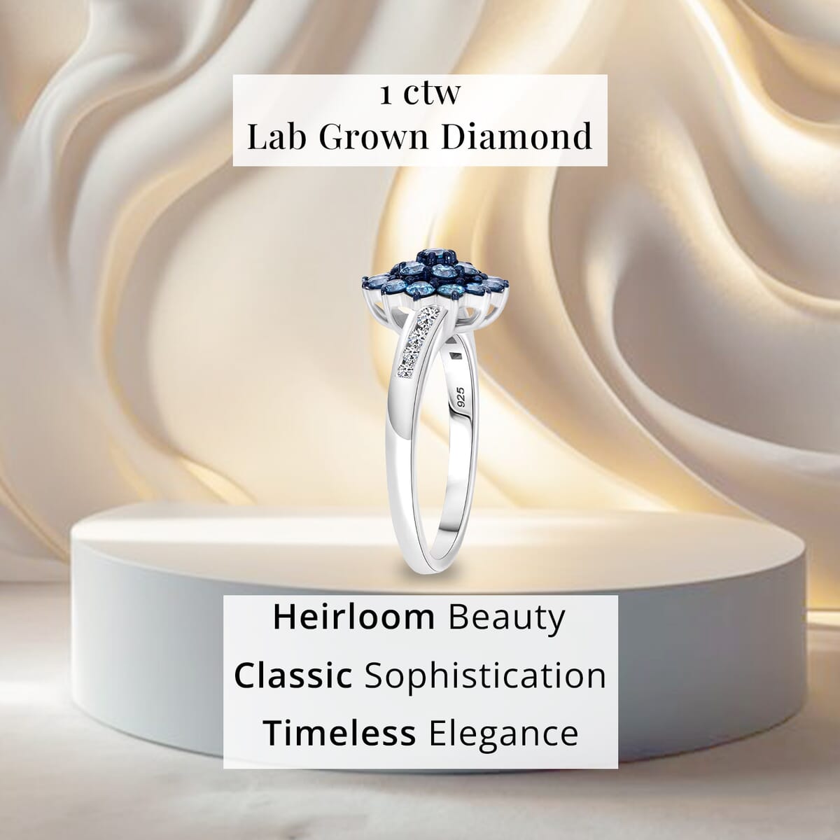 Luxuriant Lab Grown Blue and White Diamond SI 1.00 ctw Floral Ring in Rhodium Over Sterling Silver (Size 7.0) image number 4