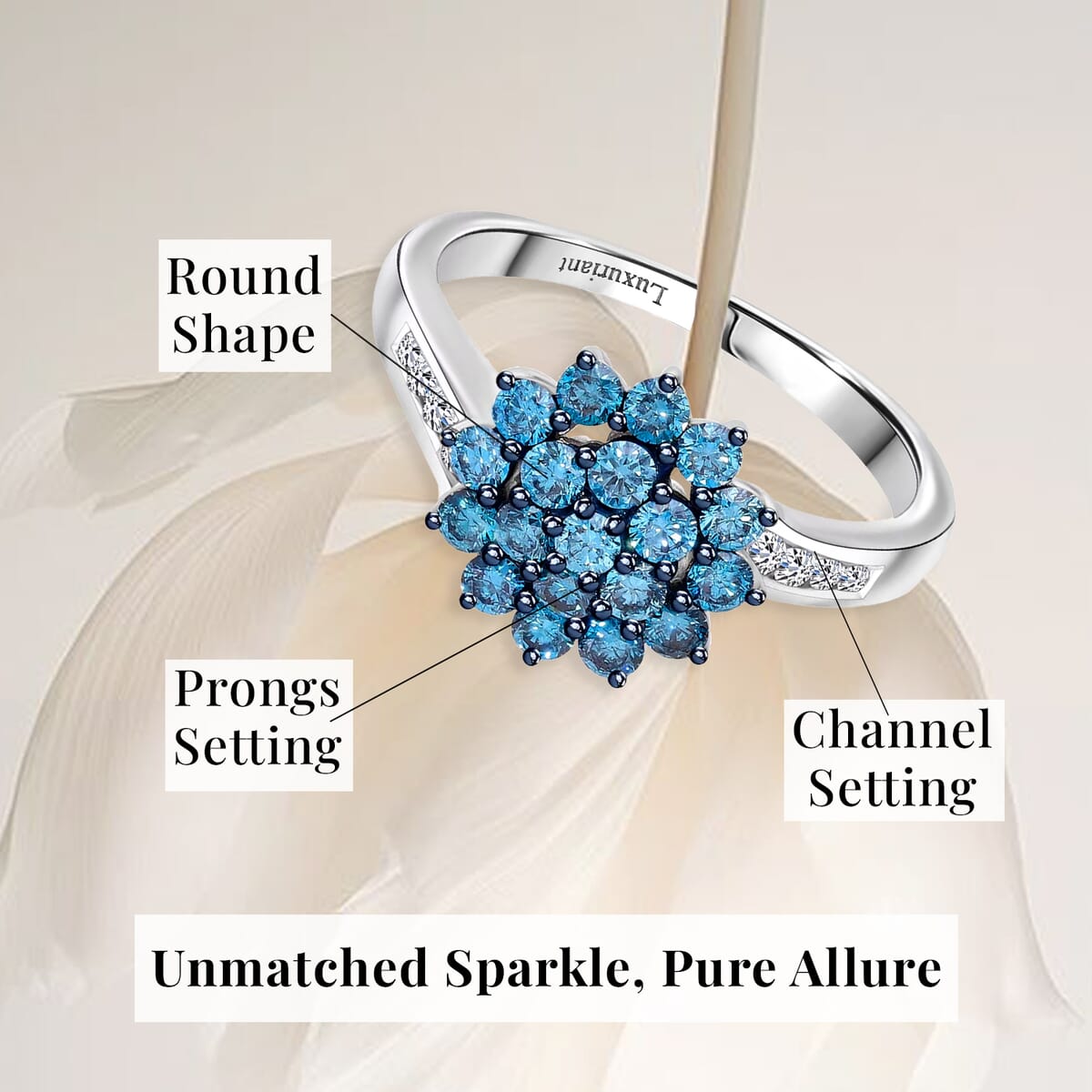 Luxuriant Lab Grown Blue and White Diamond SI 1.00 ctw Floral Ring in Rhodium Over Sterling Silver (Size 7.0) image number 5