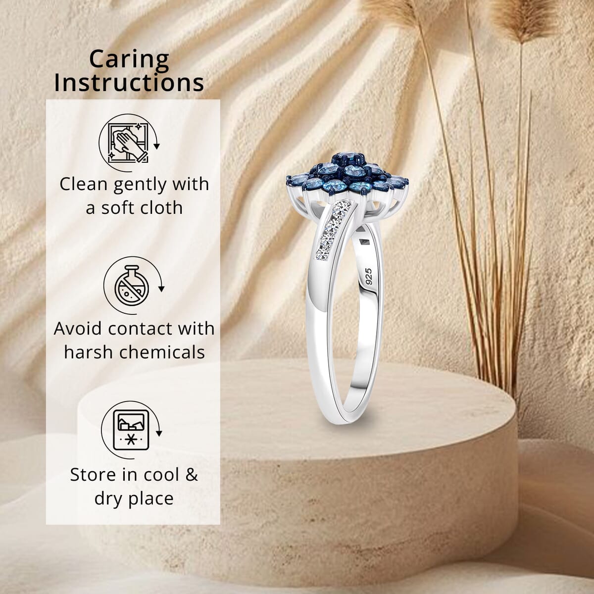 Luxuriant Lab Grown Blue and White Diamond SI 1.00 ctw Floral Ring in Rhodium Over Sterling Silver (Size 7.0) image number 6