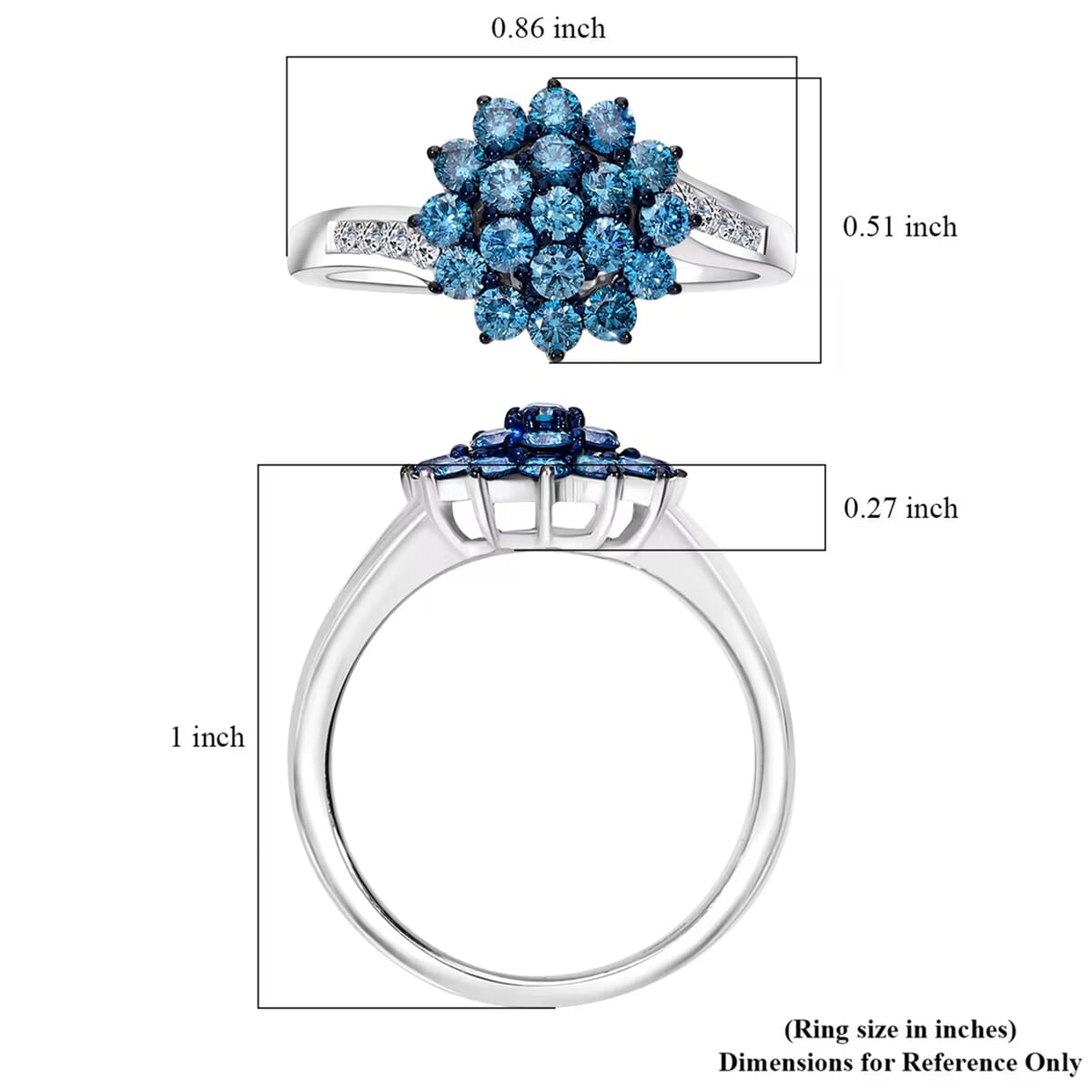 Luxuriant Lab Grown Blue and White Diamond SI 1.00 ctw Floral Ring in Rhodium Over Sterling Silver (Size 7.0) image number 7
