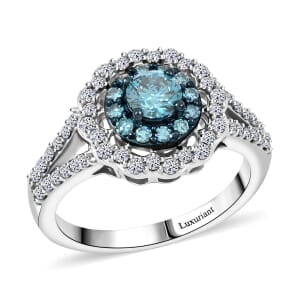 Luxuriant Lab Grown Blue and White Diamond SI 1.00 ctw Celestial Bloom Ring in Rhodium Over Sterling Silver (Size 10.0)