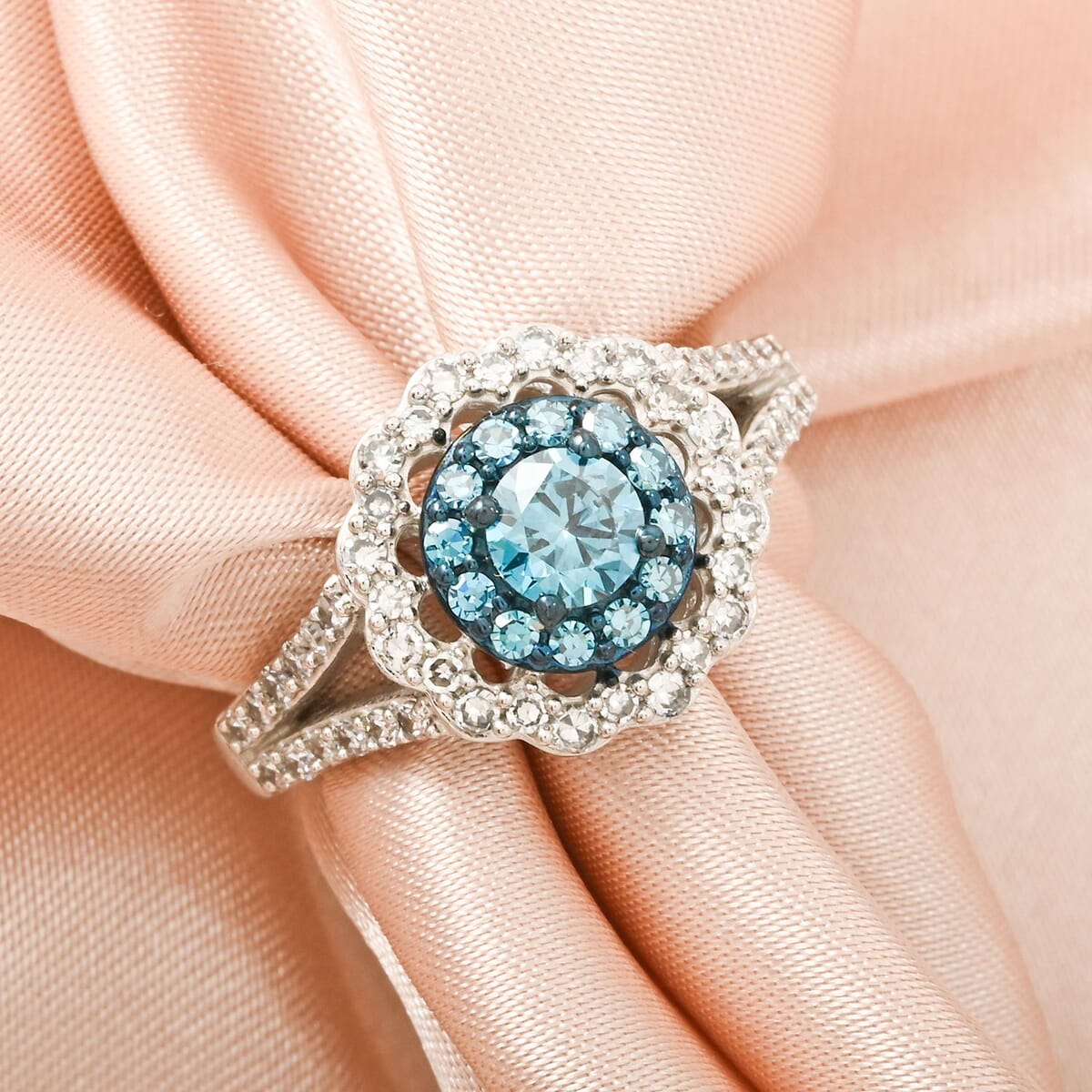 Luxuriant Lab Grown Blue and White Diamond SI 1.00 ctw Celestial Bloom Ring in Rhodium Over Sterling Silver (Size 10.0) image number 1