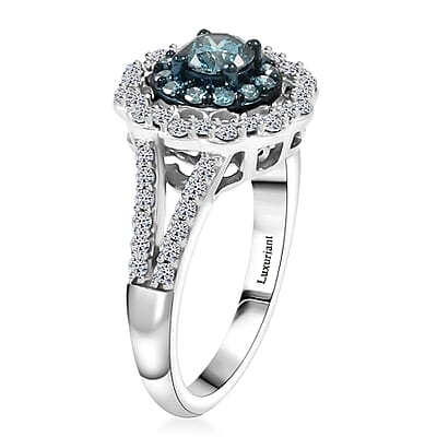 Luxuriant Lab Grown Blue and White Diamond SI 1.00 ctw Celestial Bloom Ring in Rhodium Over Sterling Silver (Size 10.0)