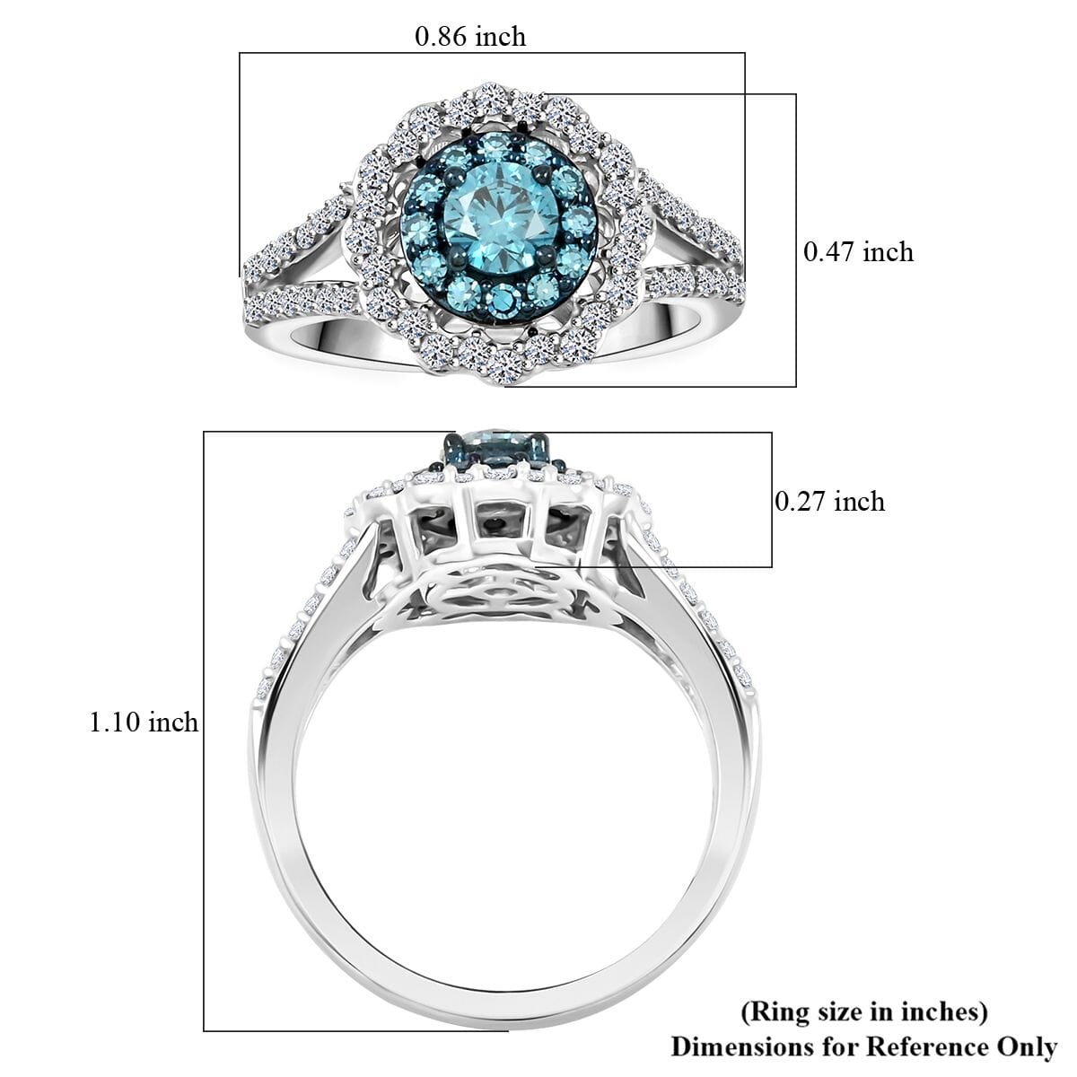 Luxuriant Lab Grown Blue and White Diamond SI 1.00 ctw Celestial Bloom Ring in Rhodium Over Sterling Silver (Size 10.0) image number 5