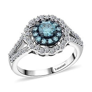 Luxuriant Lab Grown Blue and White Diamond SI 1.00 ctw Celestial Bloom Ring in Rhodium Over Sterling Silver (Size 9.0)