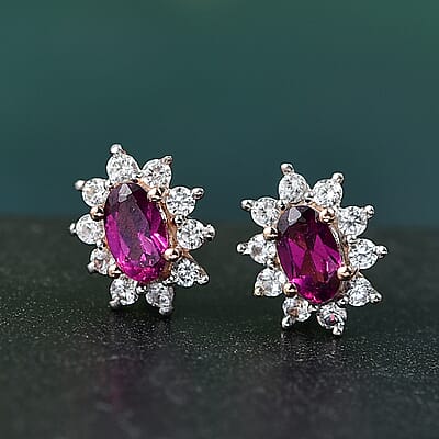 Radiant Ember Garnet and White Zircon 1.00 ctw Earrings in 18K Vermeil RG Over Sterling Silver