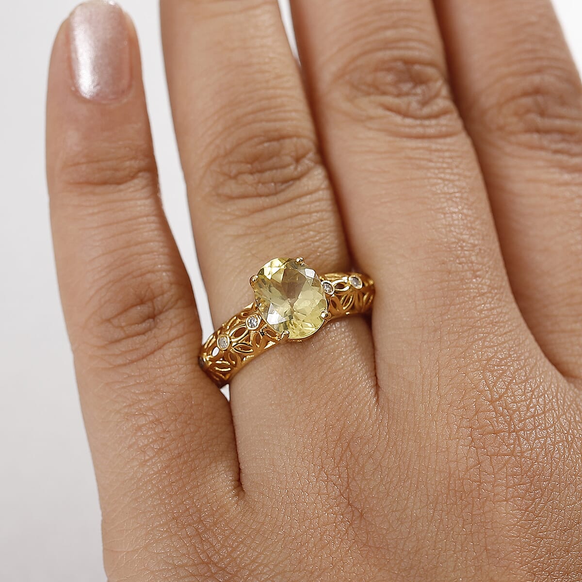 D'Joy Premium Madagascar Yellow Apatite and Diamond 2.75 ctw Floral Lace Ring in 18K Vermeil Yellow Gold Over Sterling Silver (Size 6.0) image number 2