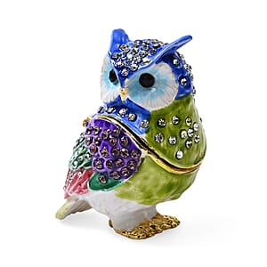 Livmore Multi Color Austrian Crystal, Enameled Owl Trinket Box