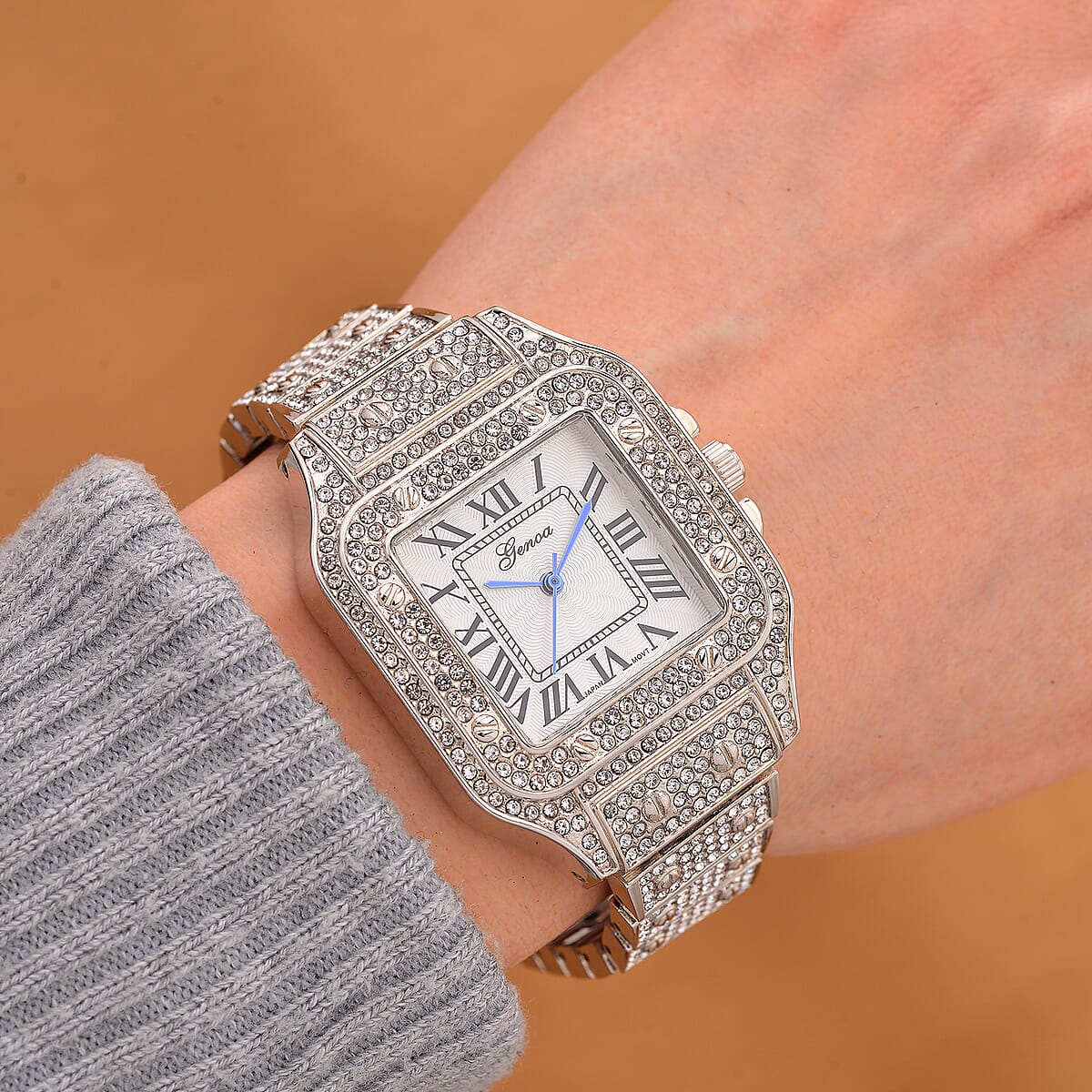 Genoa Austrian Crystal Japanese Movement Watch in Silvertone with Stainless Steel Butterfly Buckle image number 1