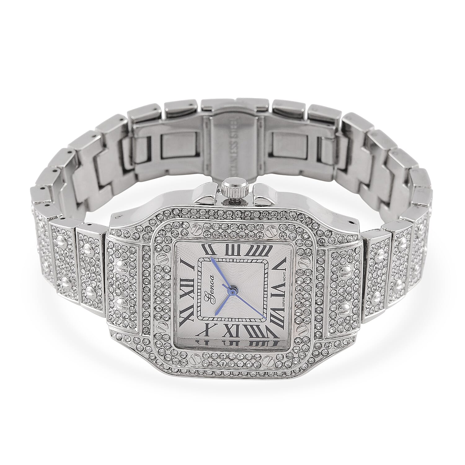 Genoa Austrian Crystal Japanese Movement Watch in Silvertone with Stainless Steel Butterfly Buckle