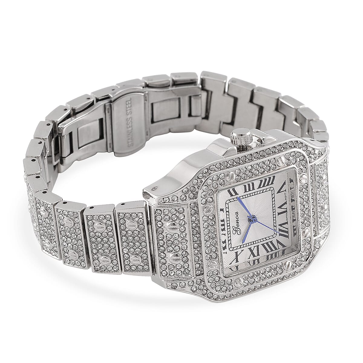 Genoa Austrian Crystal Japanese Movement Watch in Silvertone with Stainless Steel Butterfly Buckle image number 4
