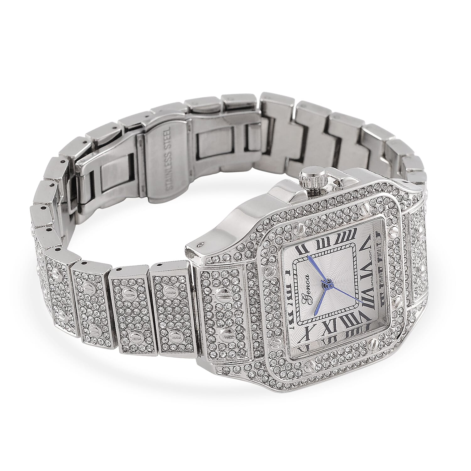 Genoa Austrian Crystal Japanese Movement Watch in Silvertone with Stainless Steel Butterfly Buckle