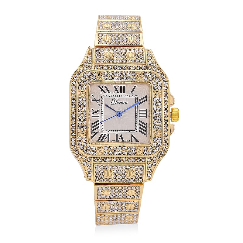 Genoa Austrian Crystal Japanese Movement Watch in Goldtone with Stainless Steel Butterfly Buckle