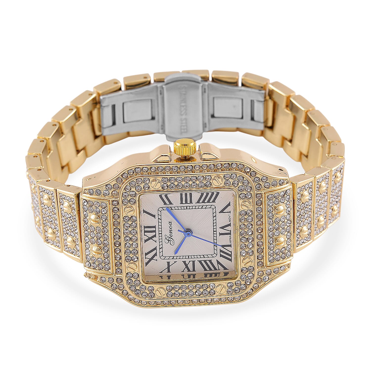 Genoa Austrian Crystal Japanese Movement Watch in Goldtone with Stainless Steel Butterfly Buckle