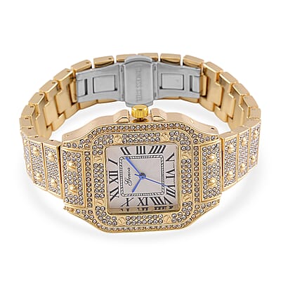 Genoa Austrian Crystal Japanese Movement Watch in Goldtone with Stainless Steel Butterfly Buckle