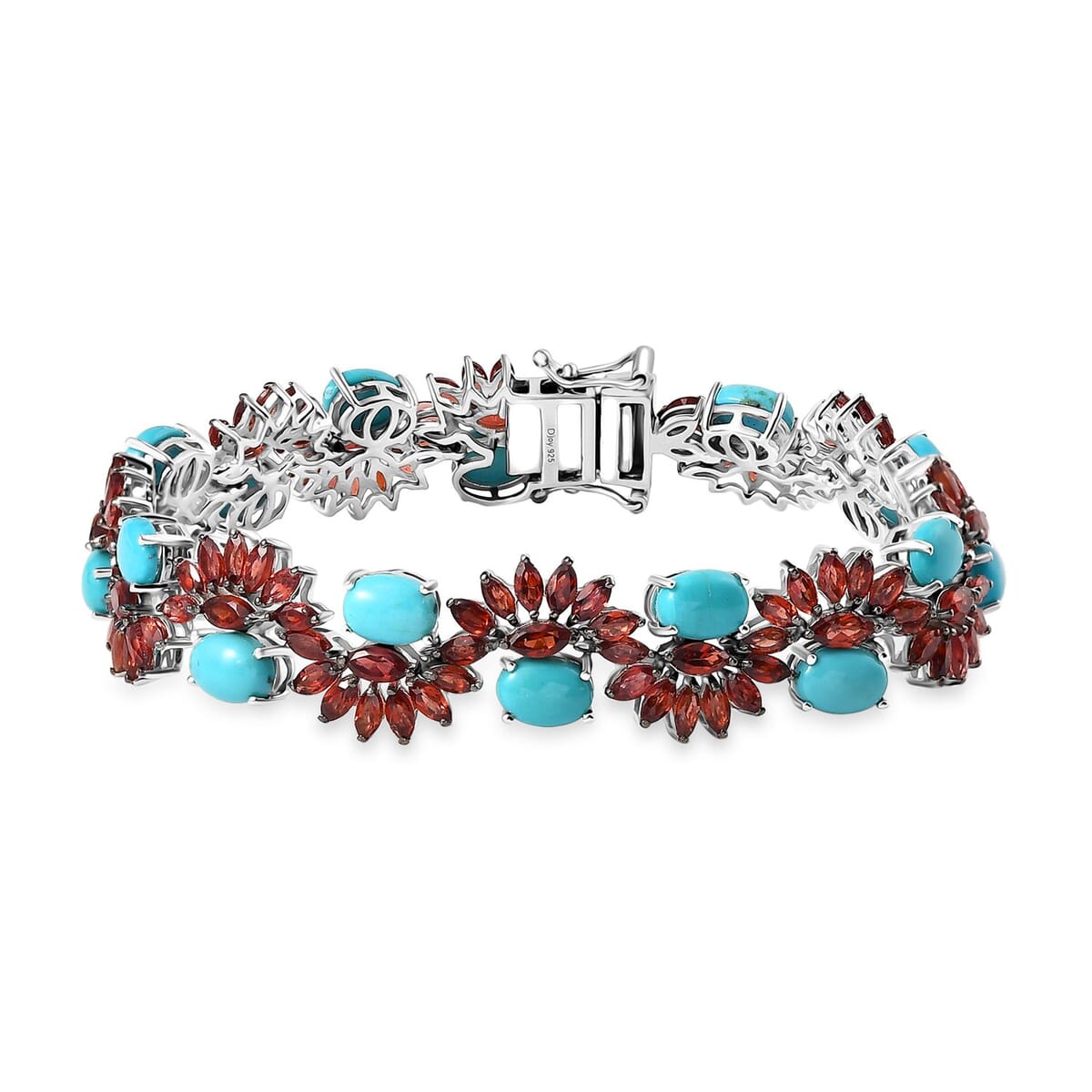 D'Joy Premium Sleeping Beauty Turquoise and Mozambique Garnet 28.60 ctw Floral Symphony Bracelet in Rhodium Over Sterling Silver (7.25 In) image number 0