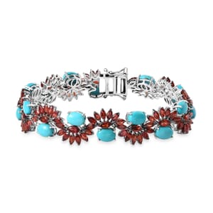 D'Joy Premium Sleeping Beauty Turquoise and Mozambique Garnet 28.60 ctw Floral Symphony Bracelet in Rhodium Over Sterling Silver (7.25 In)