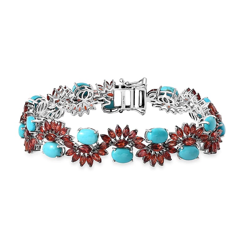 D'Joy Premium Sleeping Beauty Turquoise and Mozambique Garnet 28.60 ctw Floral Symphony Bracelet in Rhodium Over Sterling Silver (7.25 In)