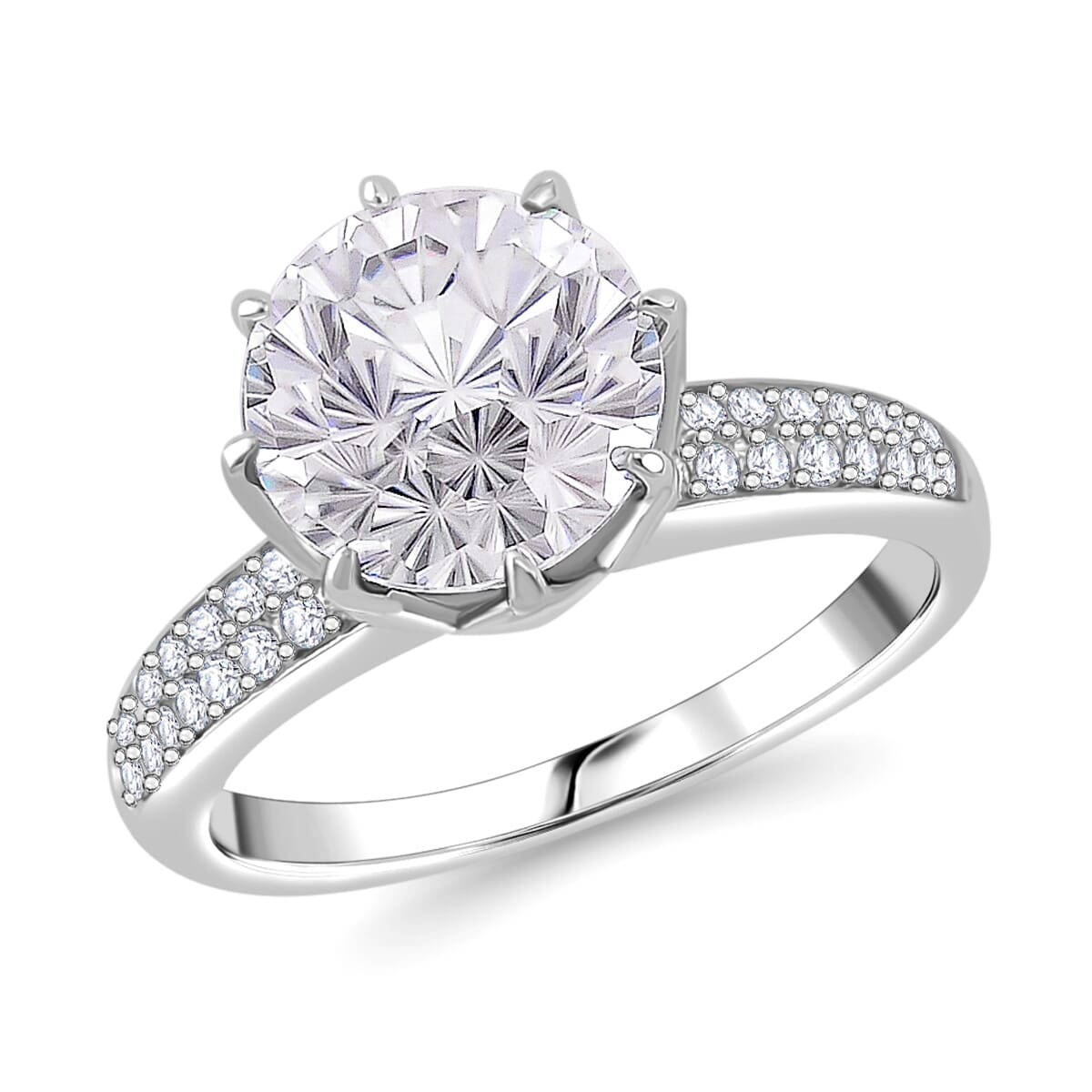 Maple Cut Moissanite 3.40 ctw Crown Ring in Rhodium Over Sterling Silver (Size 7.0) image number 0