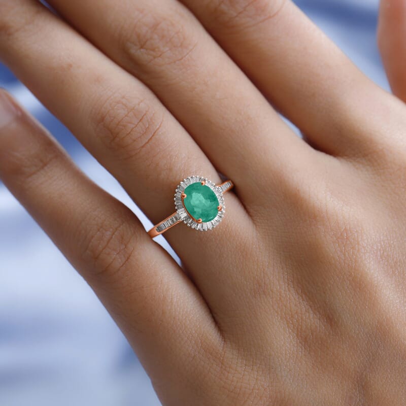 Kagem Zambian Emerald and White Diamond 1.50 ctw Ring in 18K Vermeil Rose Gold Over Sterling Silver (Size 10.0)