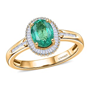 Kagem Zambian Emerald and White Diamond 1.50 ctw Ring in 18K Vermeil Yellow Gold Over Sterling Silver (Size 6.5) (Del. in 10-12 Days)