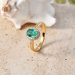 Kagem Zambian Emerald and White Diamond 1.50 ctw Ring in 18K Vermeil Yellow Gold Over Sterling Silver (Size 6.5) (Del. in 10-12 Days)