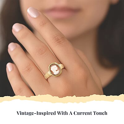 D'Joy Natural Italian Conch Cameo 1.40 ctw Golden Whispers Ring in 18K Vermeil Yellow Gold Over Sterling Silver (Size 10.0)