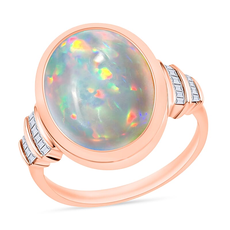 Luxoro Premium Ethiopian Welo Opal and G-H I3 Diamond 5.70 ctw Ring in 10K Rose Gold (Size 10.0) 4.5 Grams