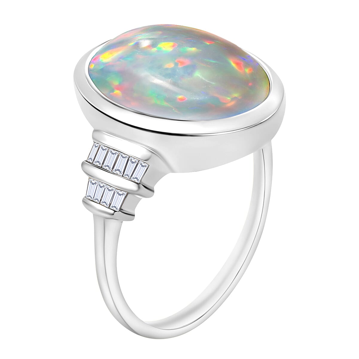 Premium Ethiopian Welo Opal and Diamond 5.70 ctw Ring in Rhodium Over Sterling Silver (Size 8.0) (Del. in 10-12 Days) image number 2