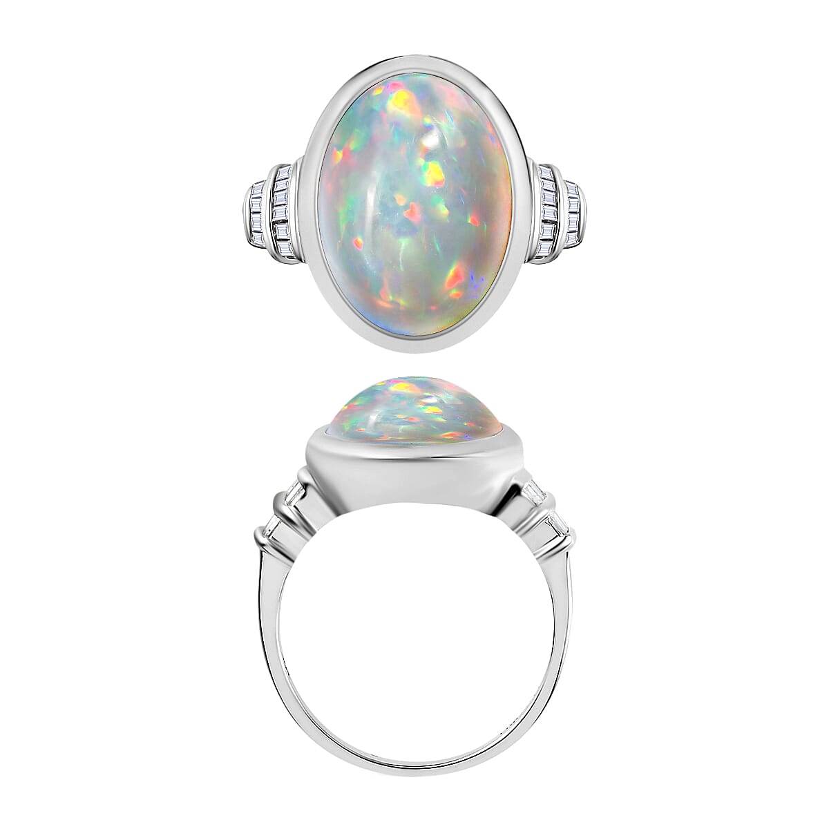 Premium Ethiopian Welo Opal and Diamond 5.70 ctw Ring in Rhodium Over Sterling Silver (Size 8.0) (Del. in 10-12 Days) image number 3