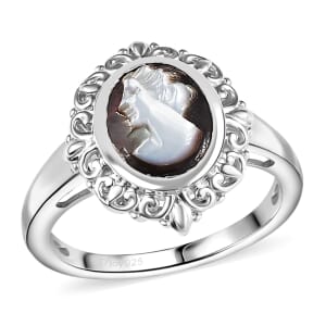 D'Joy Natural Italian Conch Cameo 1.50 ctw Timeless Love Ring in Rhodium Over Sterling Silver (Size 10.0)