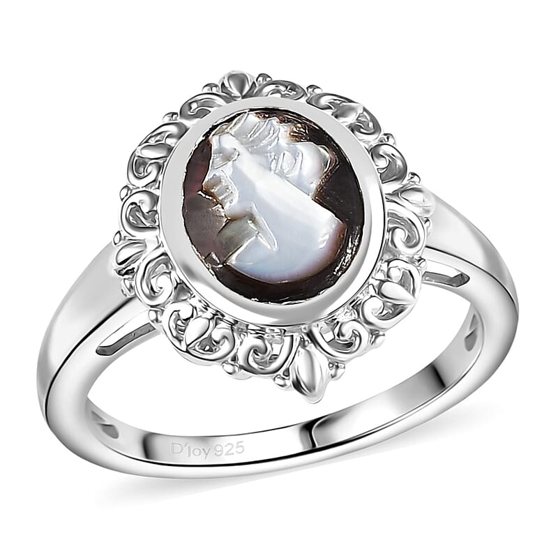 D'Joy Natural Italian Conch Cameo 1.50 ctw Timeless Love Ring in Rhodium Over Sterling Silver (Size 10.0)