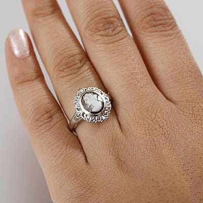 D'Joy Natural Italian Conch Cameo 1.50 ctw Timeless Love Ring in Rhodium Over Sterling Silver (Size 10.0)