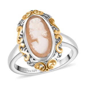 Natural Italian Conch Cameo 1.65 ctw Gilded Antiquity Ring in 18K Vermeil YG and Rhodium Over Sterling Silver (Size 10.0)