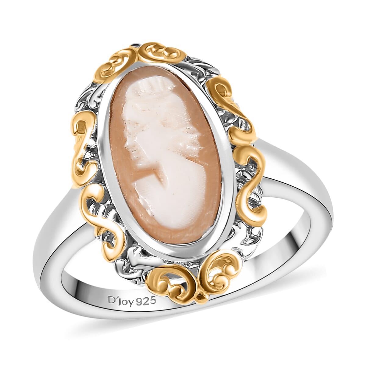 D'Joy Natural Italian Conch Cameo 1.65 ctw Gilded Antiquity Ring in 18K Vermeil YG and Rhodium Over Sterling Silver (Size 8.0) image number 0