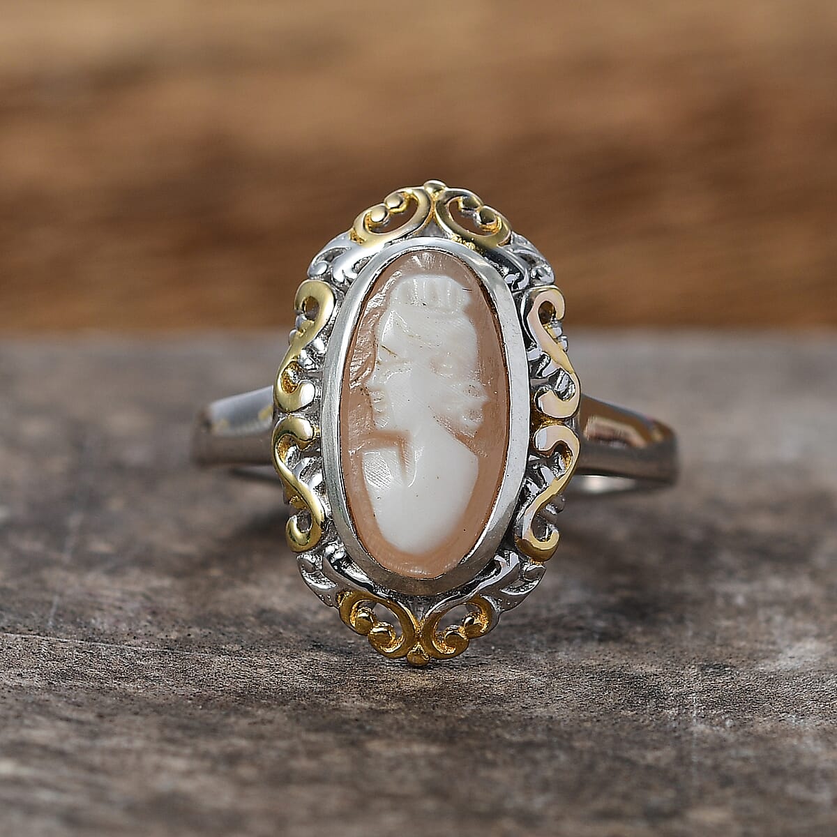 D'Joy Natural Italian Conch Cameo 1.65 ctw Gilded Antiquity Ring in 18K Vermeil YG and Rhodium Over Sterling Silver (Size 9.0) image number 1