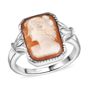 D'Joy Natural Italian Conch Cameo 3.00 ctw Classical Elegance Ring in Rhodium Over Sterling Silver (Size 10.0)