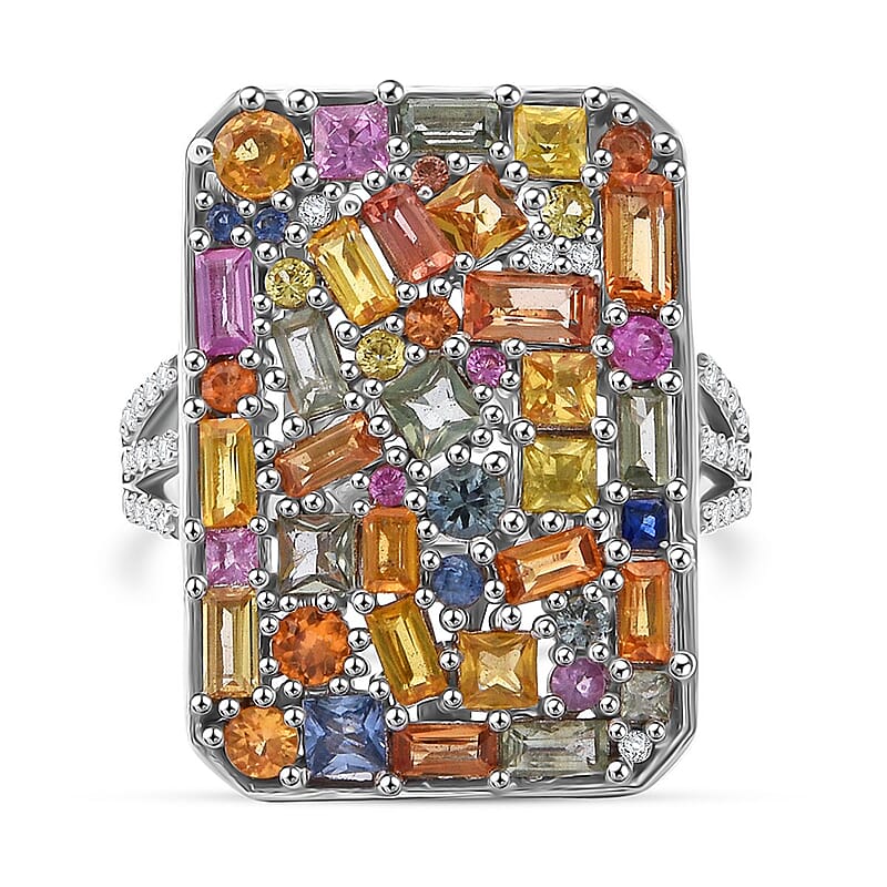 Multi Sapphire and White Zircon 6.00 ctw Ring in Rhodium Over Sterling Silver (Size 10.0) 