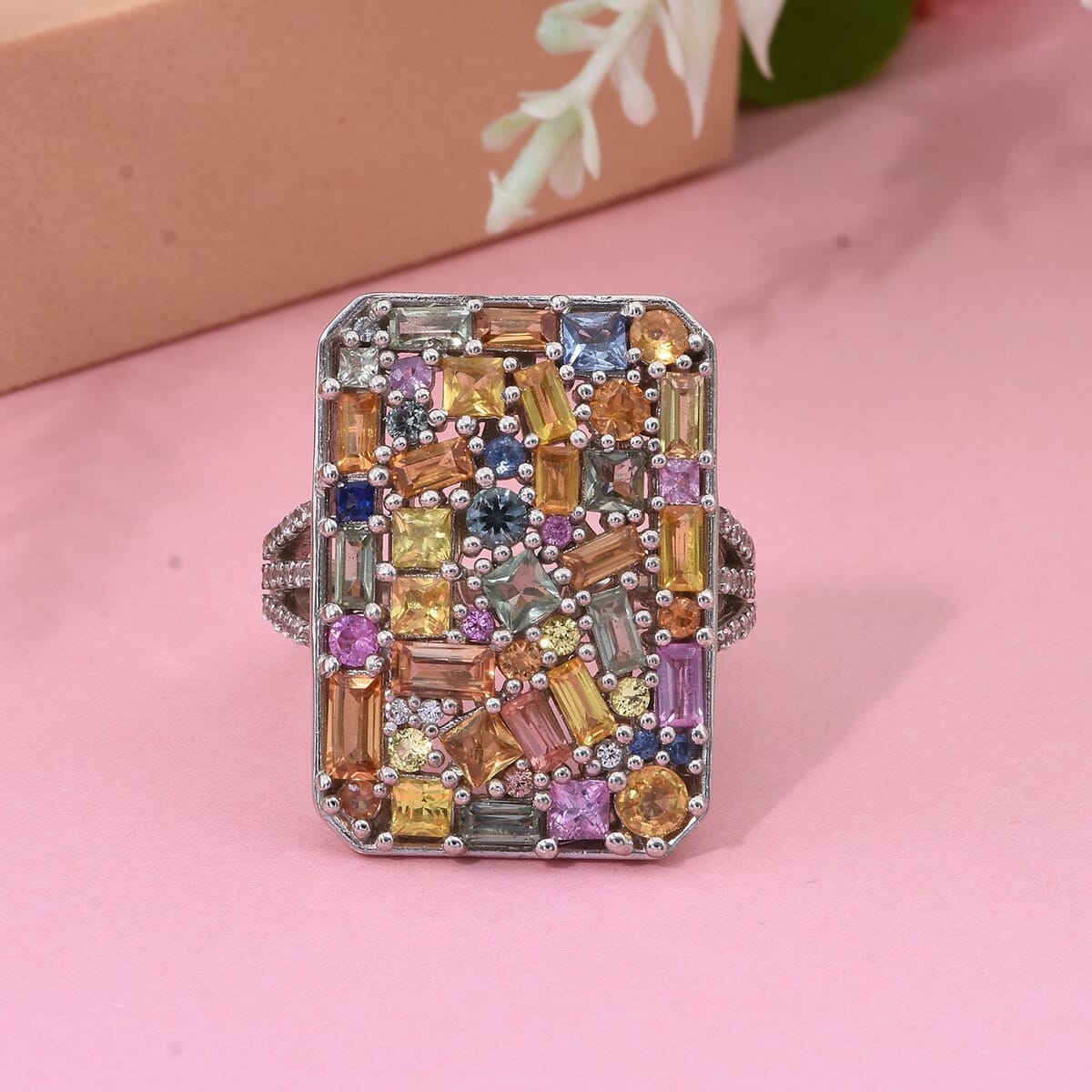 Multi Sapphire and White Zircon 6.00 ctw Ring in Rhodium Over Sterling Silver (Size 10.0)  image number 1