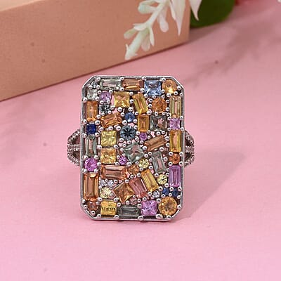 Multi Sapphire and White Zircon 6.00 ctw Ring in Rhodium Over Sterling Silver (Size 10.0) 