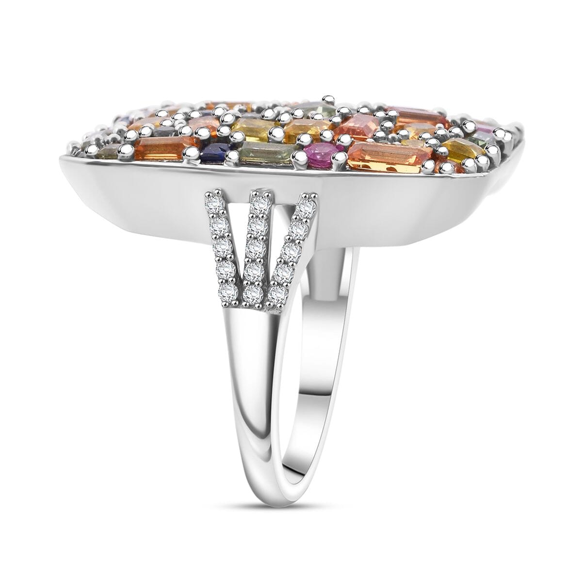 Multi Sapphire and White Zircon 6.00 ctw Ring in Rhodium Over Sterling Silver (Size 10.0)  image number 3